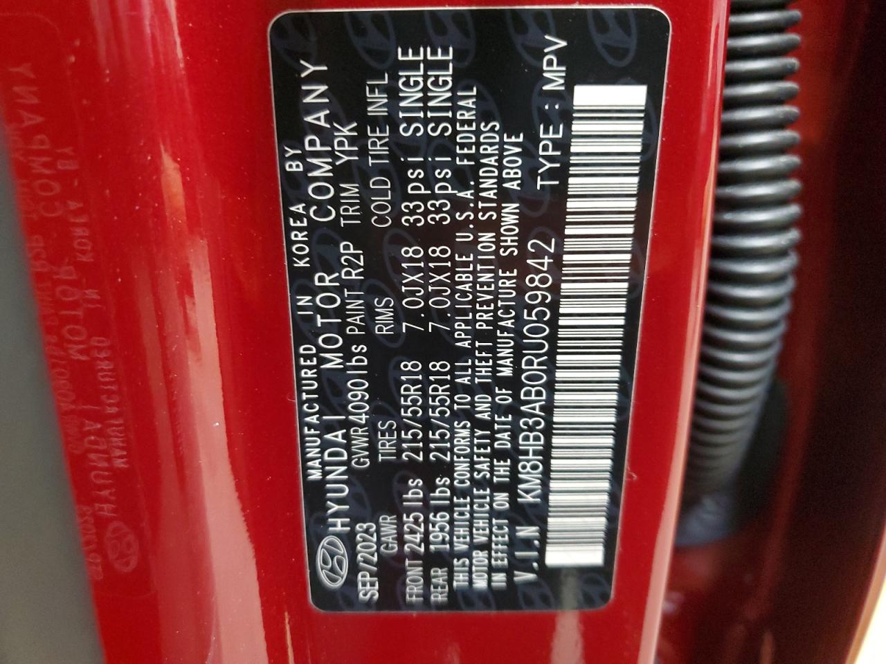 2024 HYUNDAI KONA SEL VIN:KM8HB3AB0RU059842