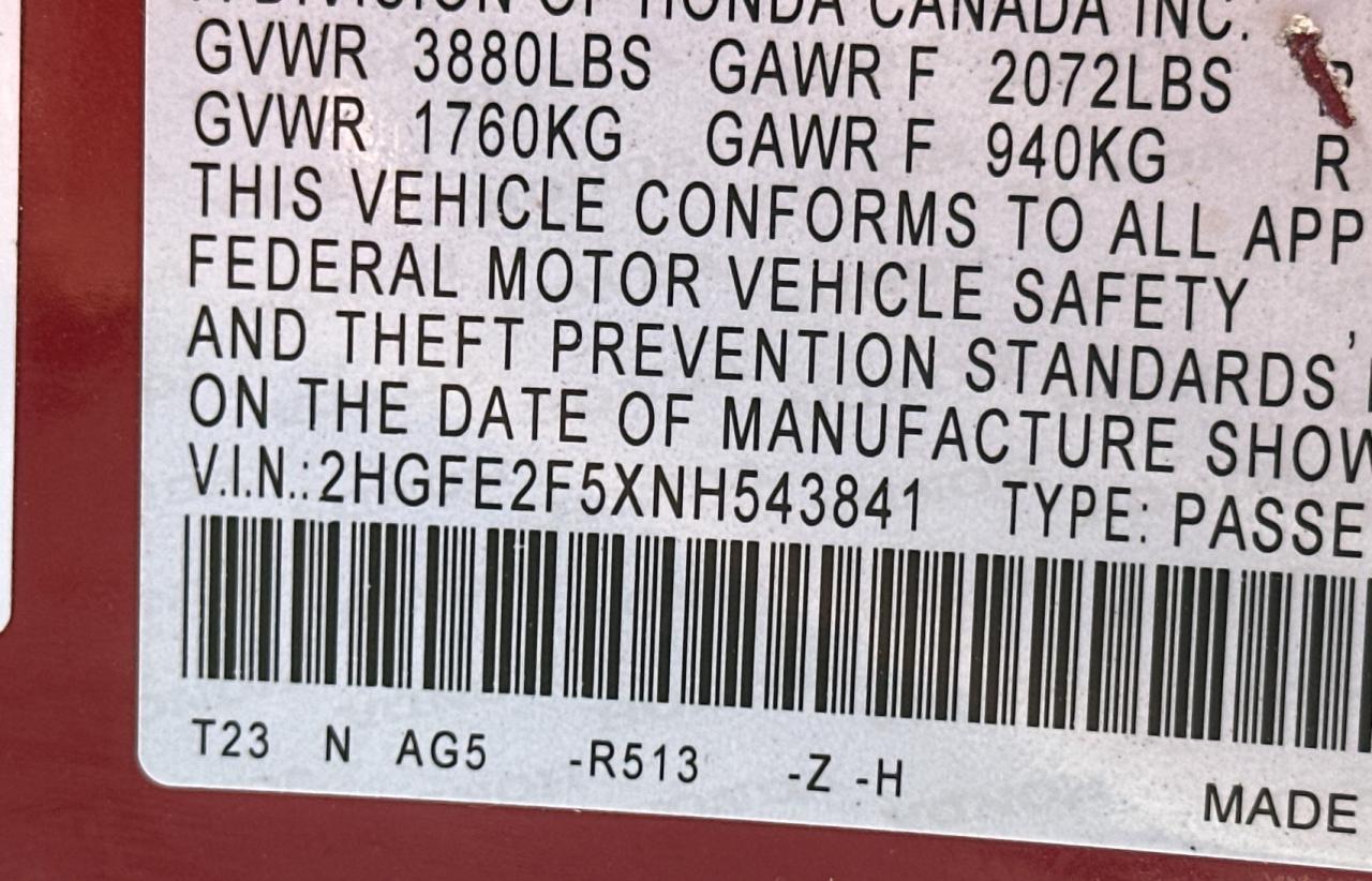 2022 HONDA CIVIC SPORT VIN:2HGFE2F5XNH543841