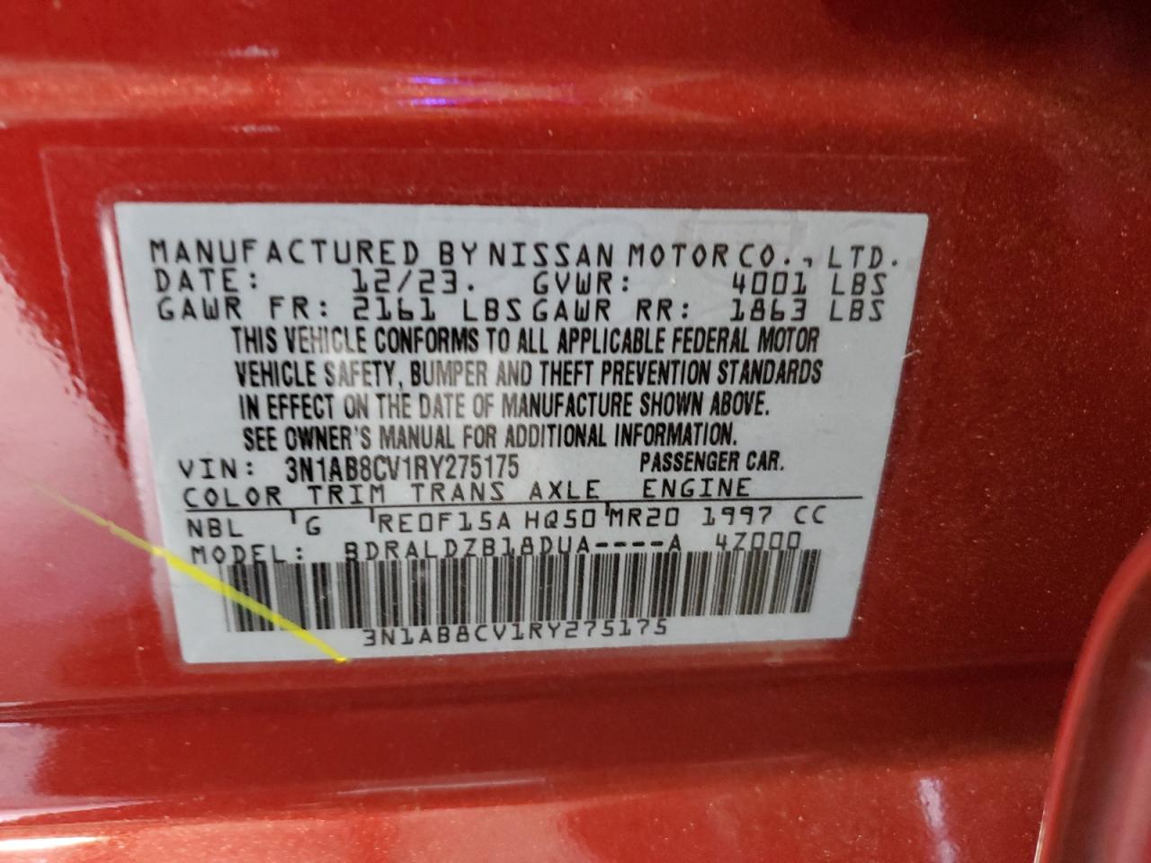 2024 NISSAN SENTRA SV VIN:3N1AB8CV1RY275175