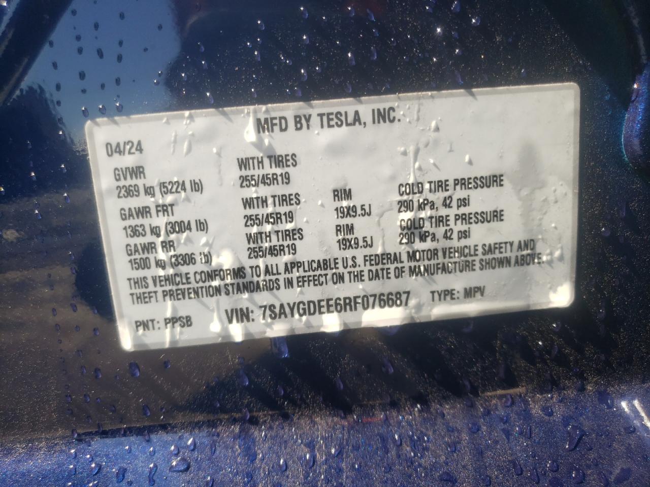 2024 TESLA MODEL Y VIN:7SAYGDEE6RF076687
