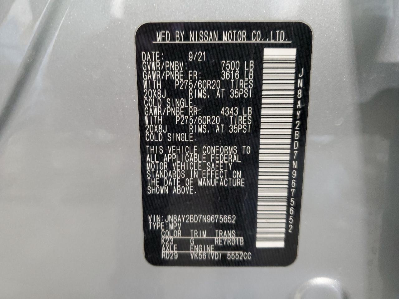 2022 NISSAN ARMADA SL VIN:JN8AY2BD7N9675652