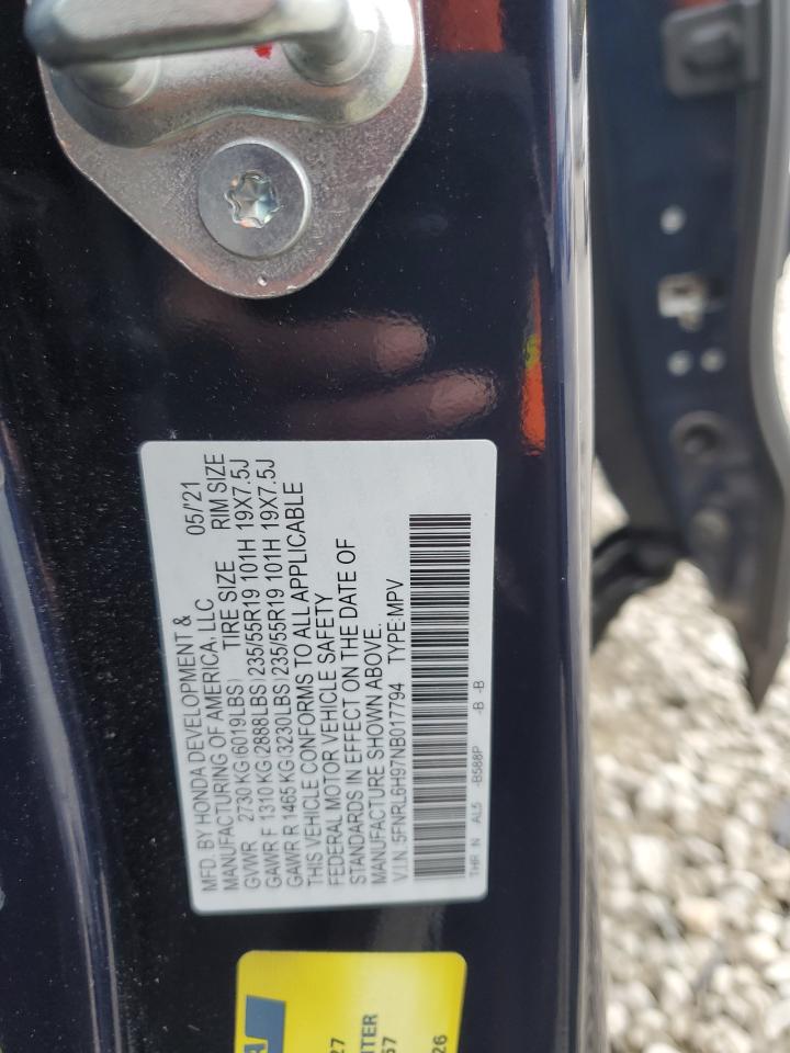 2022 HONDA ODYSSEY ELITE VIN:5FNRL6H97NB017794