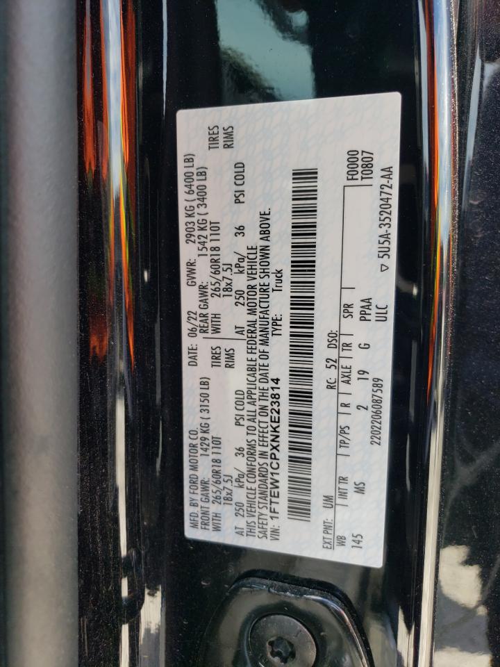 2022 FORD F150 SUPERCREW VIN:1FTEW1CPXNKE23814