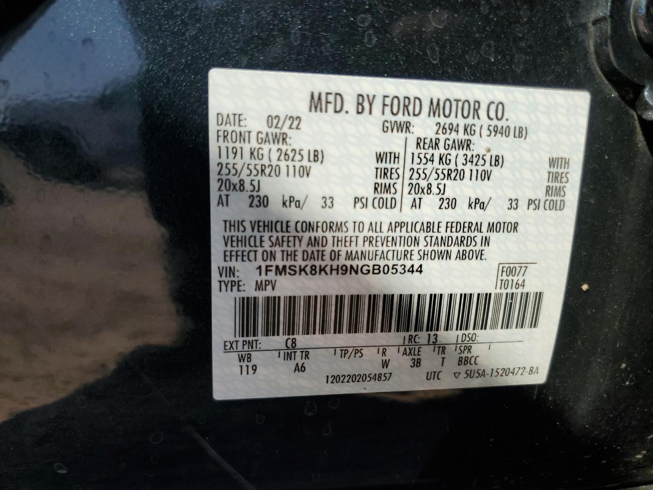2022 FORD EXPLORER ST-LINE VIN:1FMSK8KH9NGB05344