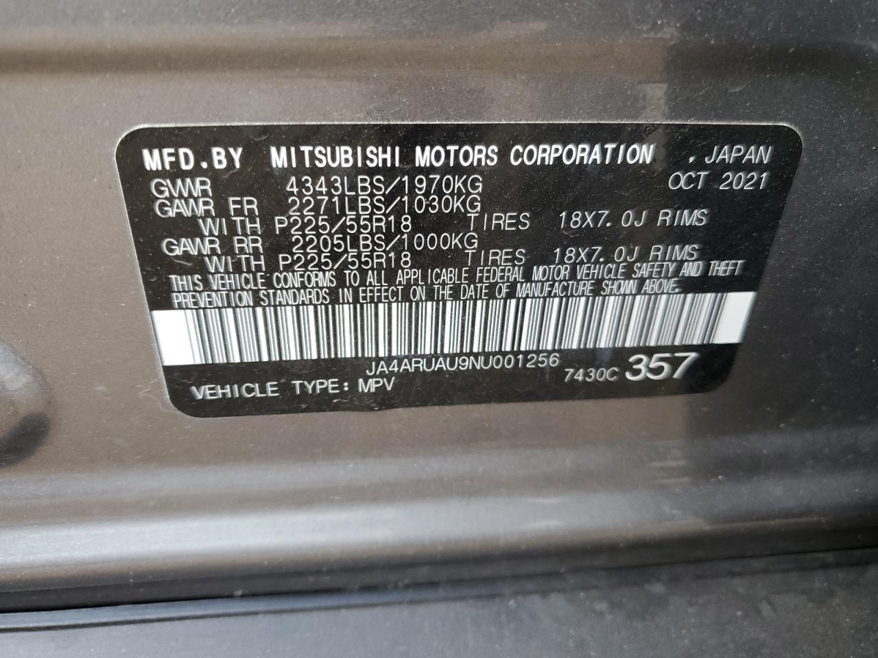 2022 MITSUBISHI OUTLANDER SPORT ES VIN:JA4ARUAU9NU001256