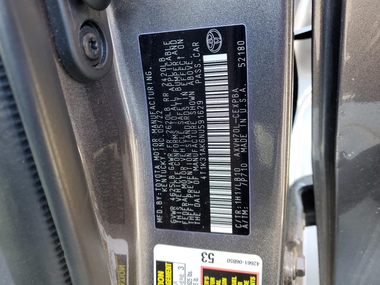 2022 TOYOTA CAMRY XSE VIN:4T1K31AK6NU591629