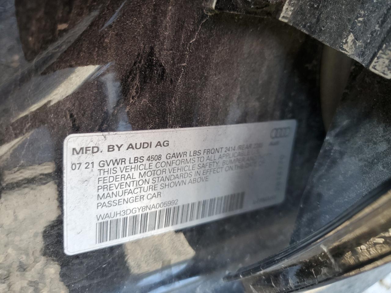 2022 AUDI S3 PREMIUM PLUS VIN:WAUH3DGY8NA005992