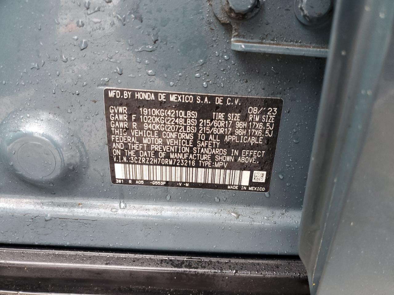 2024 HONDA HR-V EXL VIN:3CZRZ2H70RM723216