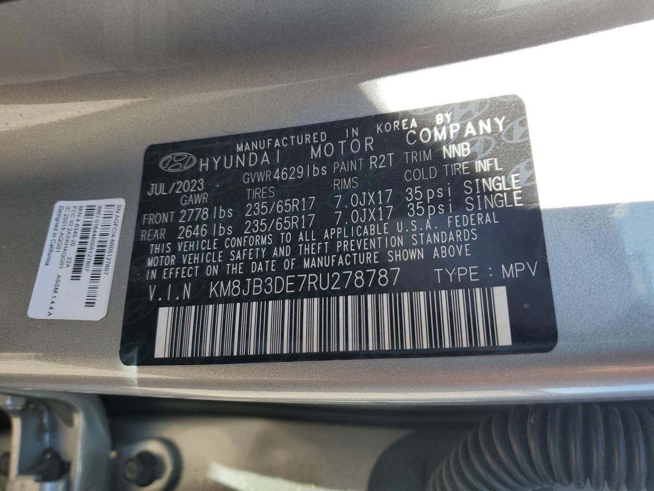 2024 HYUNDAI TUCSON SEL VIN:KM8JB3DE7RU278787