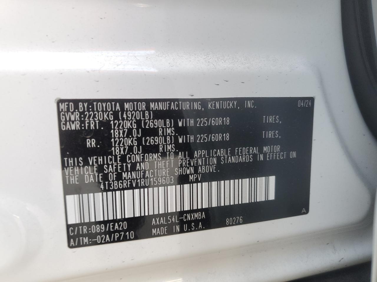 2024 TOYOTA RAV4 XLE PREMIUM VIN:4T3B6RFV1RU159603