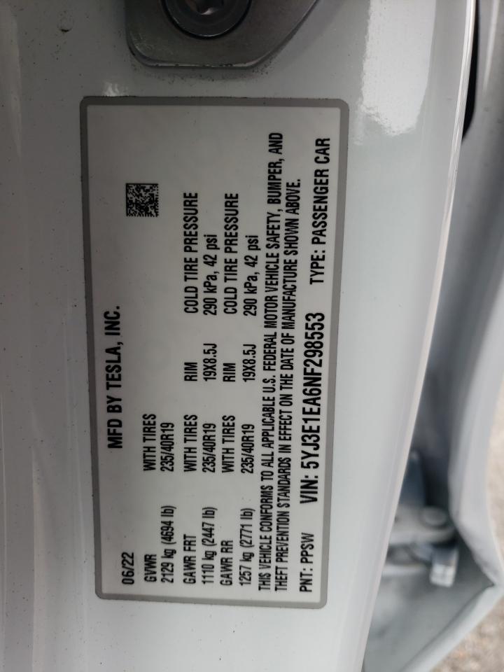 2022 TESLA MODEL 3 VIN:5YJ3E1EA6NF298553