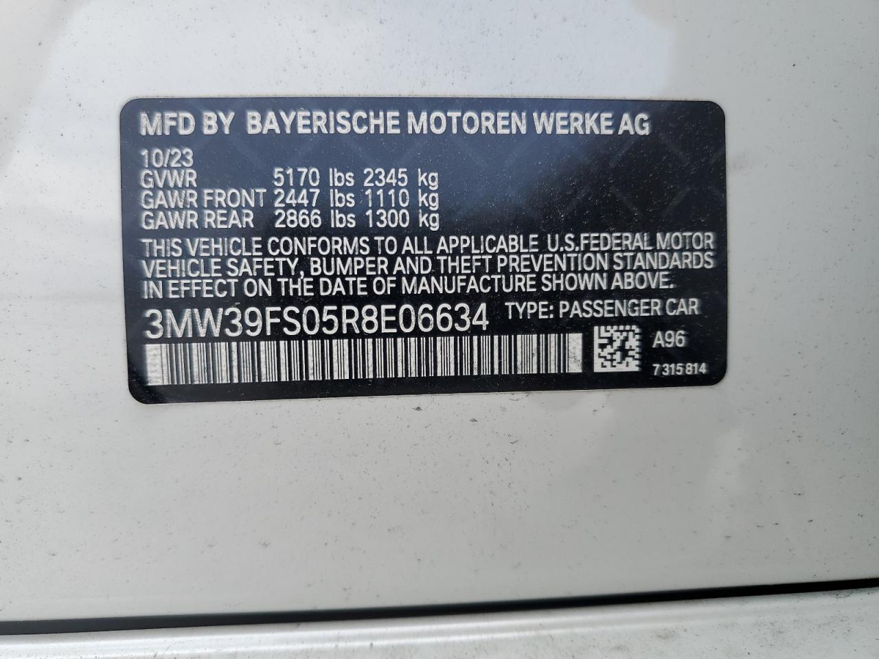 2024 BMW 330XE VIN:3MW39FS05R8E06634