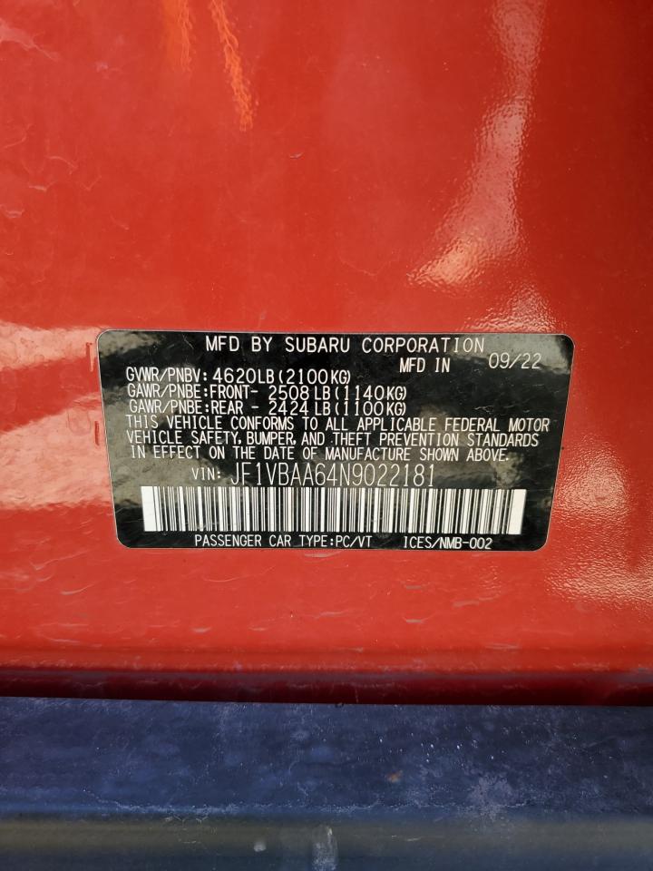 2022 SUBARU WRX VIN:JF1VBAA64N9022181