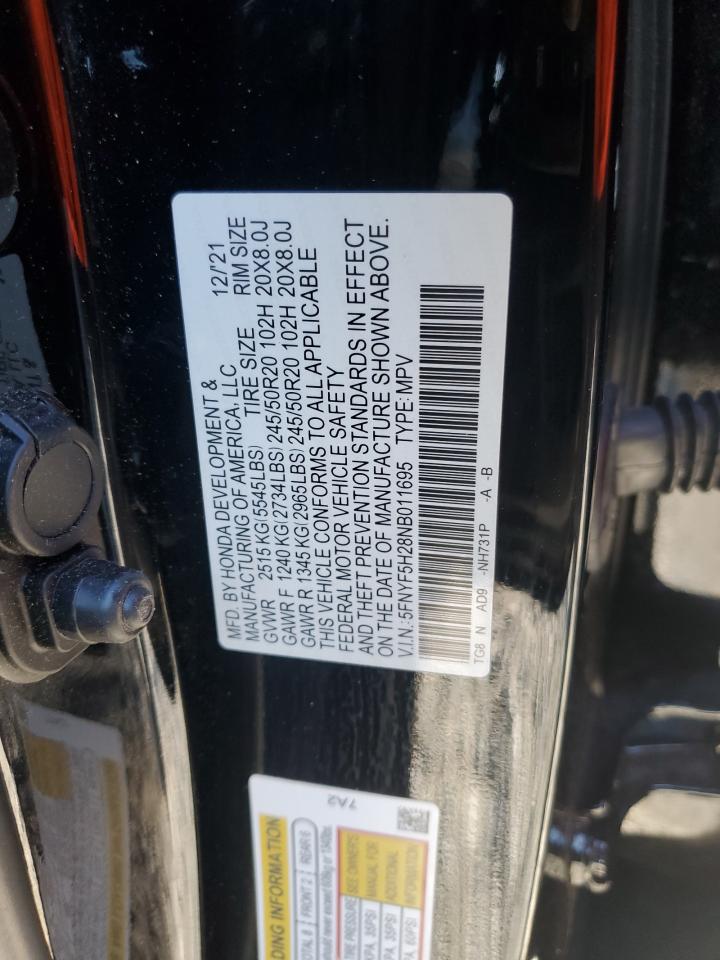 2022 HONDA PILOT SE VIN:5FNYF5H28NB011695