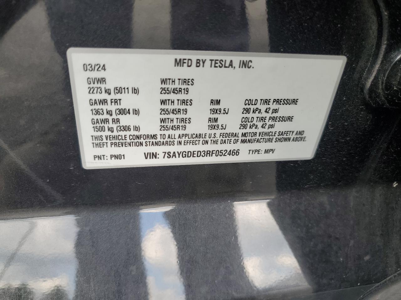 2024 TESLA MODEL Y VIN:7SAYGDED3RF052466