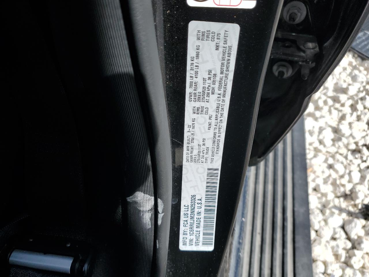 2022 RAM 1500 LARAMIE VIN:1C6RREJM3NN253326