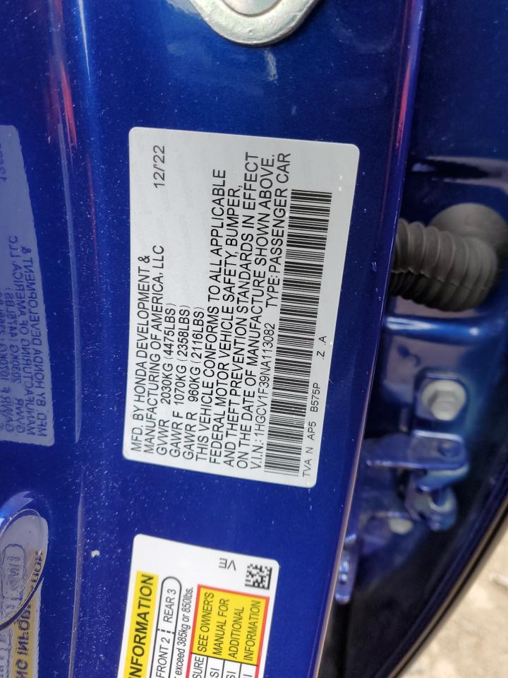 2022 HONDA ACCORD SPORT VIN:1HGCV1F39NA113082