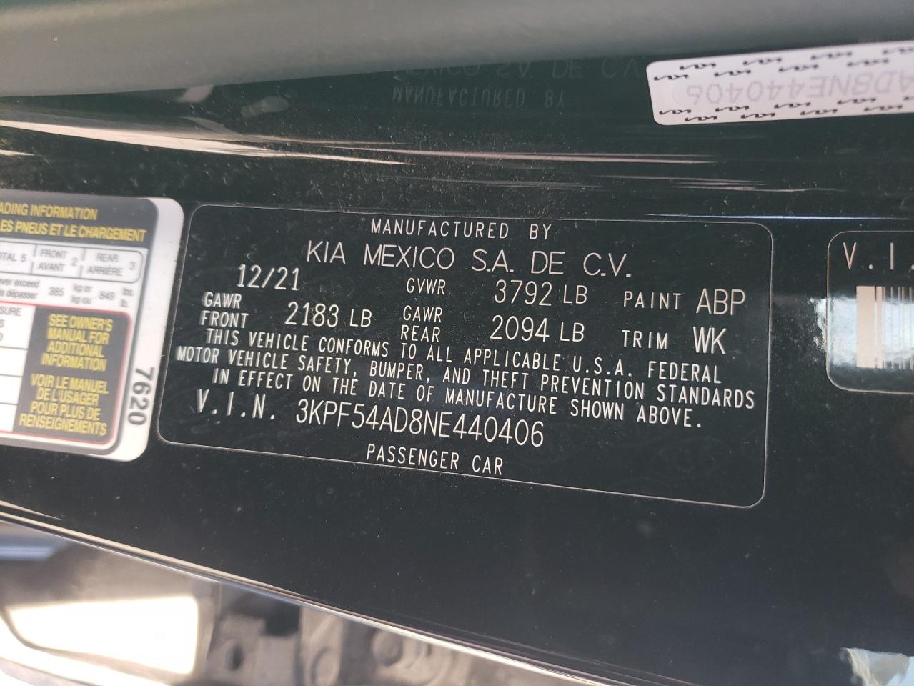 2022 KIA FORTE GT LINE VIN:3KPF54AD8NE440406