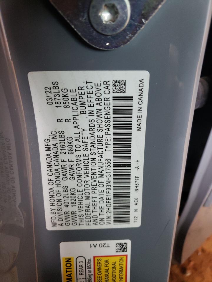 2022 HONDA CIVIC TOURING VIN:2HGFE1F93NH317556