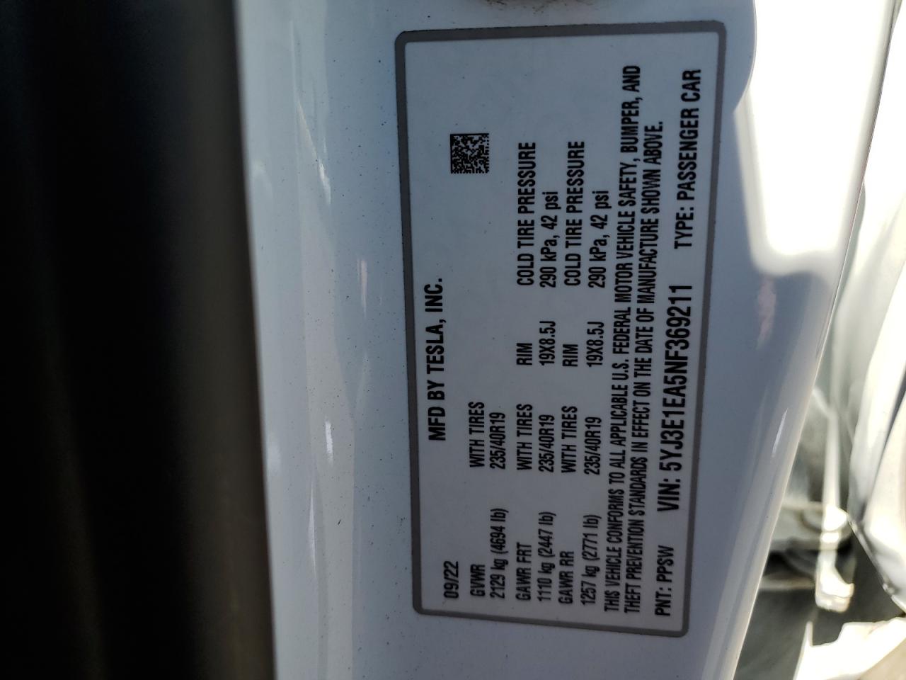 2022 TESLA MODEL 3 VIN:5YJ3E1EA5NF369211