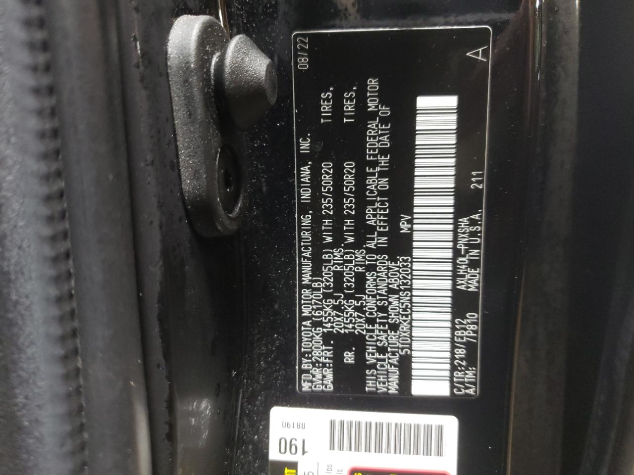 2022 TOYOTA SIENNA XSE VIN:5TDXRKEC5NS132033