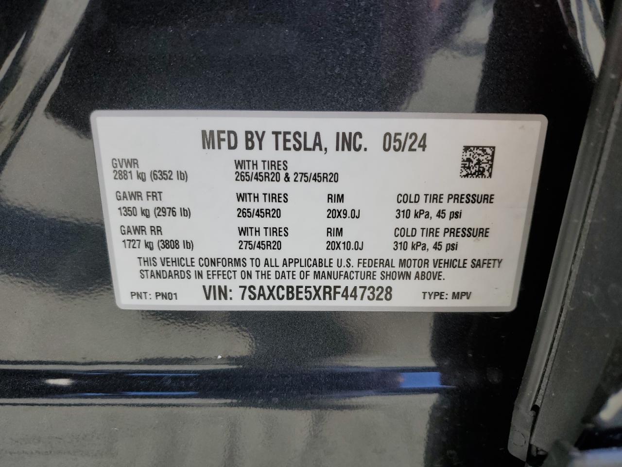 2024 TESLA MODEL X VIN:7SAXCBE5XRF447328