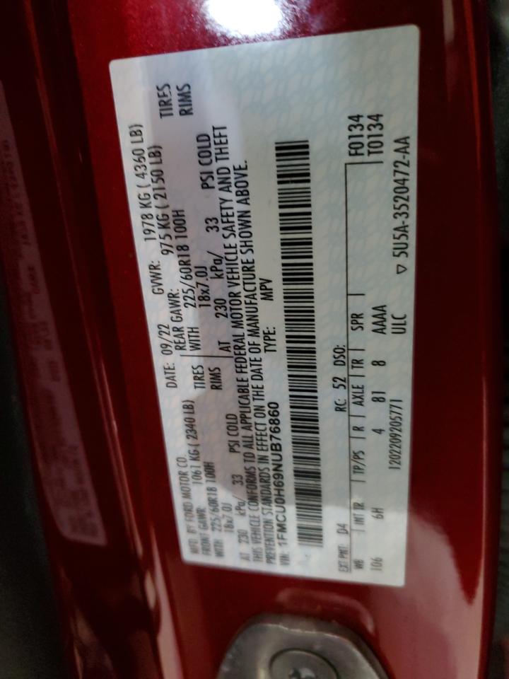 2022 FORD ESCAPE SEL VIN:1FMCU0H69NUB76860
