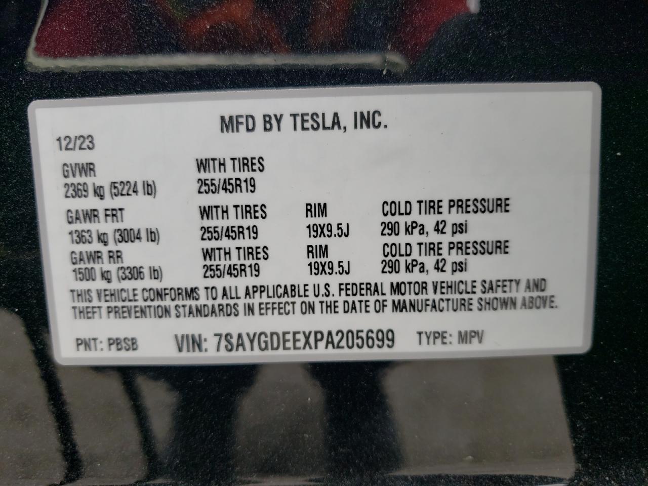 2023 TESLA MODEL Y VIN:7SAYGDEEXPA205699