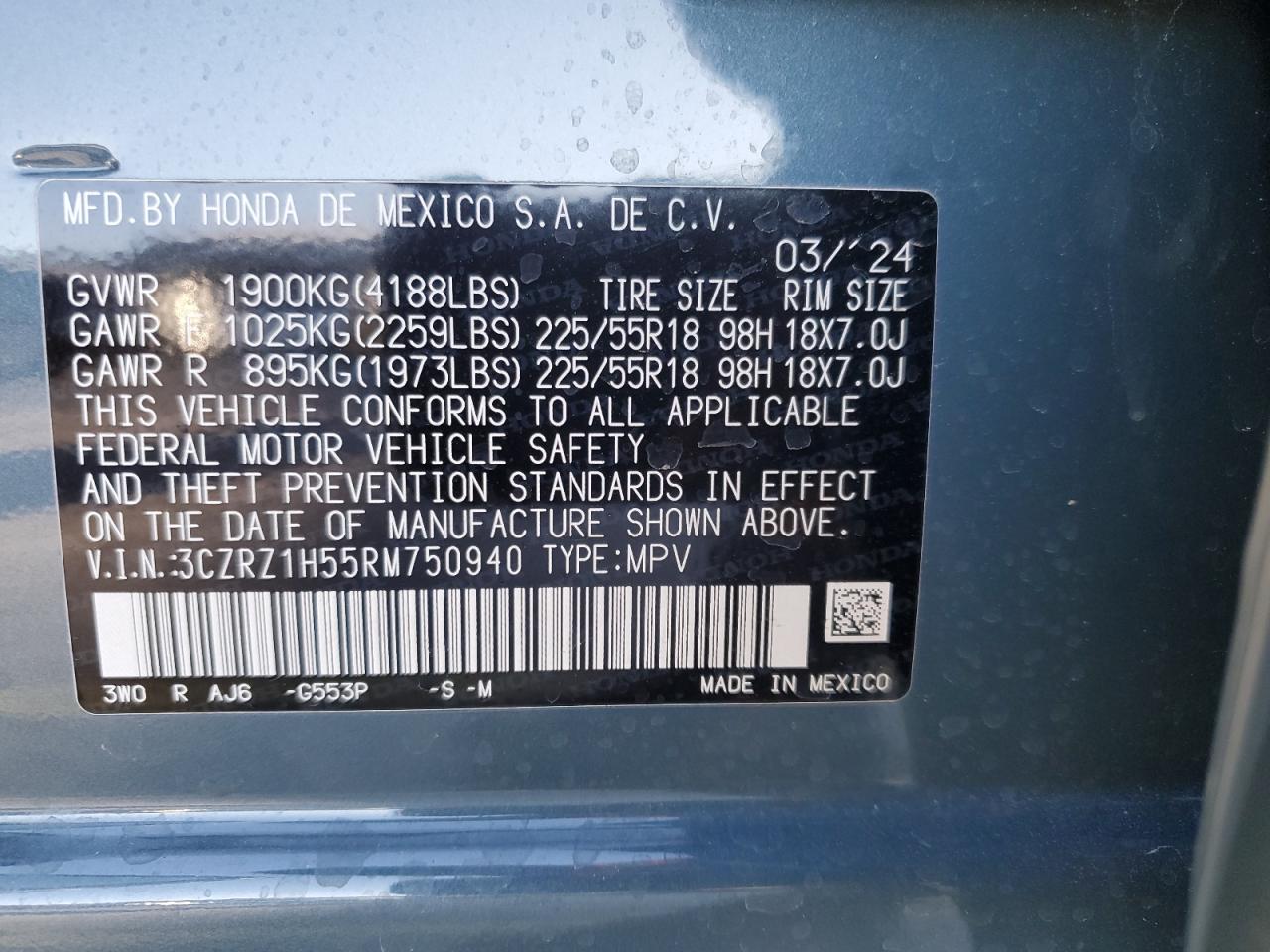 2024 HONDA HR-V SPORT VIN:3CZRZ1H55RM750940