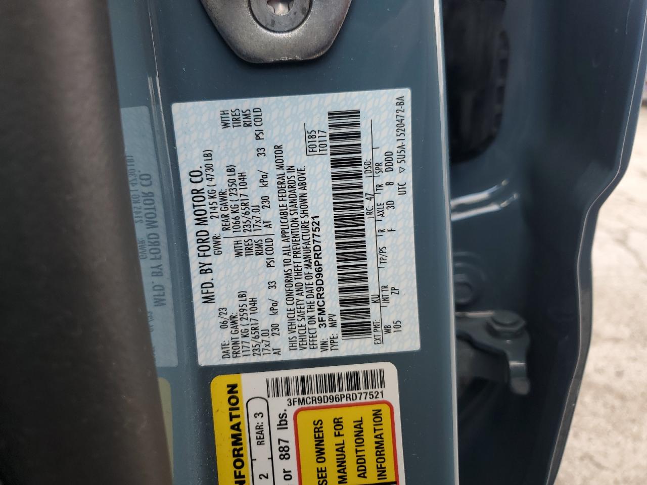 2023 FORD BRONCO SPORT BADLANDS VIN:3FMCR9D96PRD77521