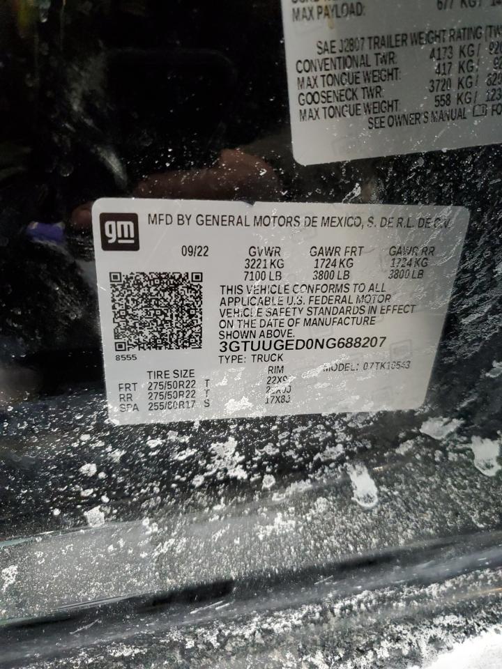 2022 GMC SIERRA K1500 DENALI VIN:3GTUUGED0NG688207