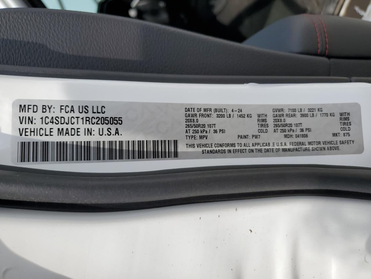 2024 DODGE DURANGO R/T VIN:1C4SDJCT1RC205055