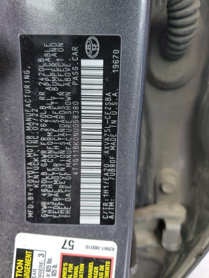 2022 TOYOTA CAMRY SE VIN:4T1G11BK0NU058380