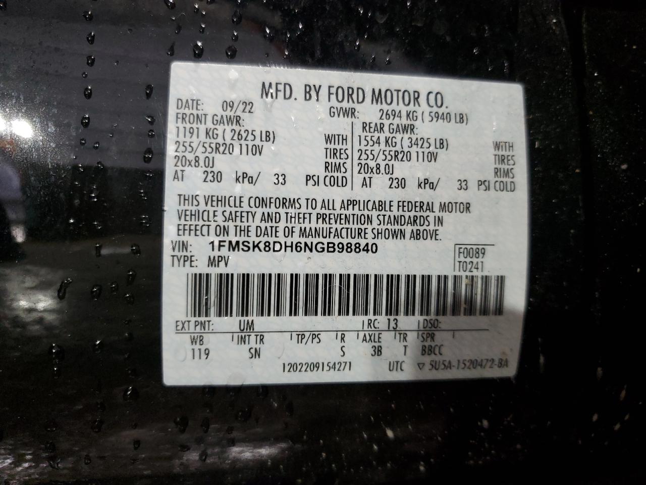 2022 FORD EXPLORER XLT VIN:1FMSK8DH6NGB98840