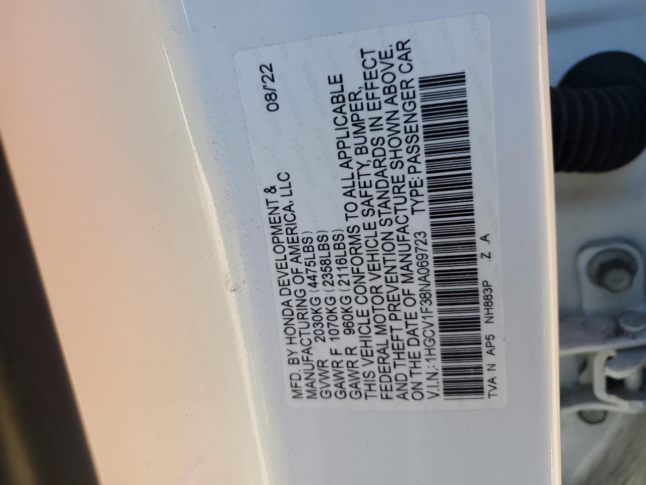 2022 HONDA ACCORD SPORT VIN:1HGCV1F38NA069723