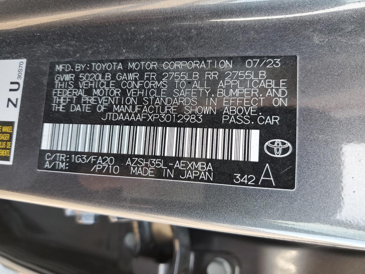 2023 TOYOTA CROWN XLE VIN:JTDAAAAFXP3012983