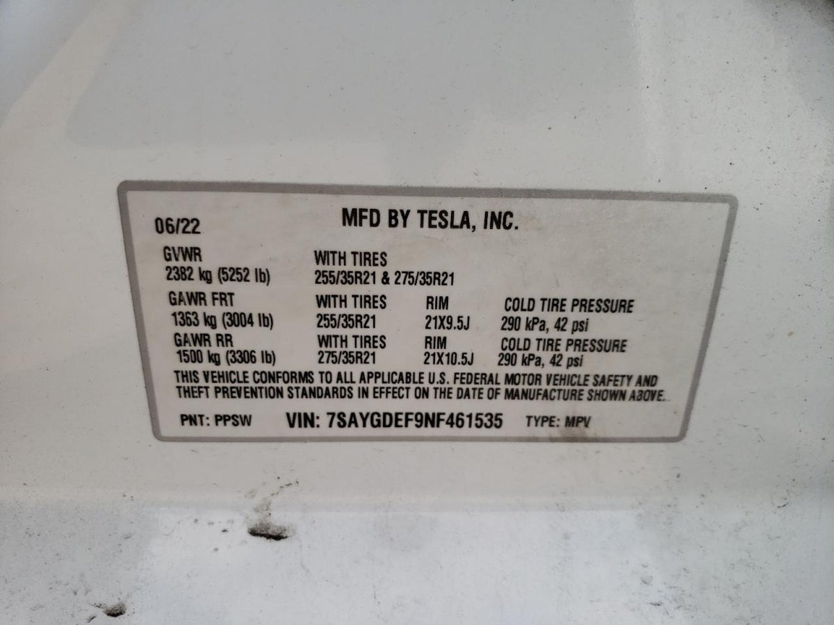 2022 TESLA MODEL Y VIN:7SAYGDEF9NF461535