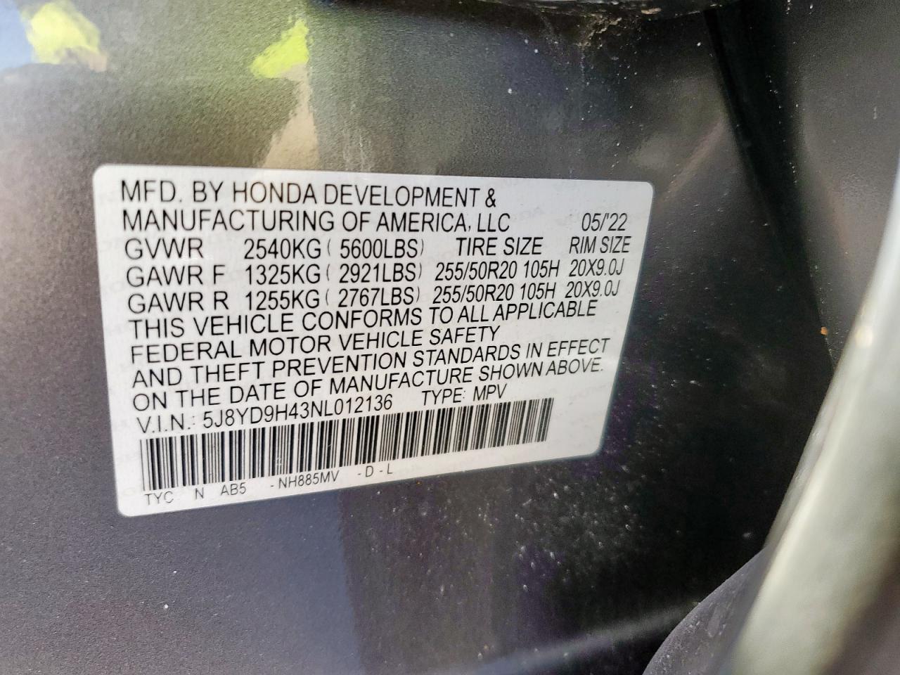 2022 ACURA MDX TECHNOLOGY VIN:5J8YD9H43NL012136