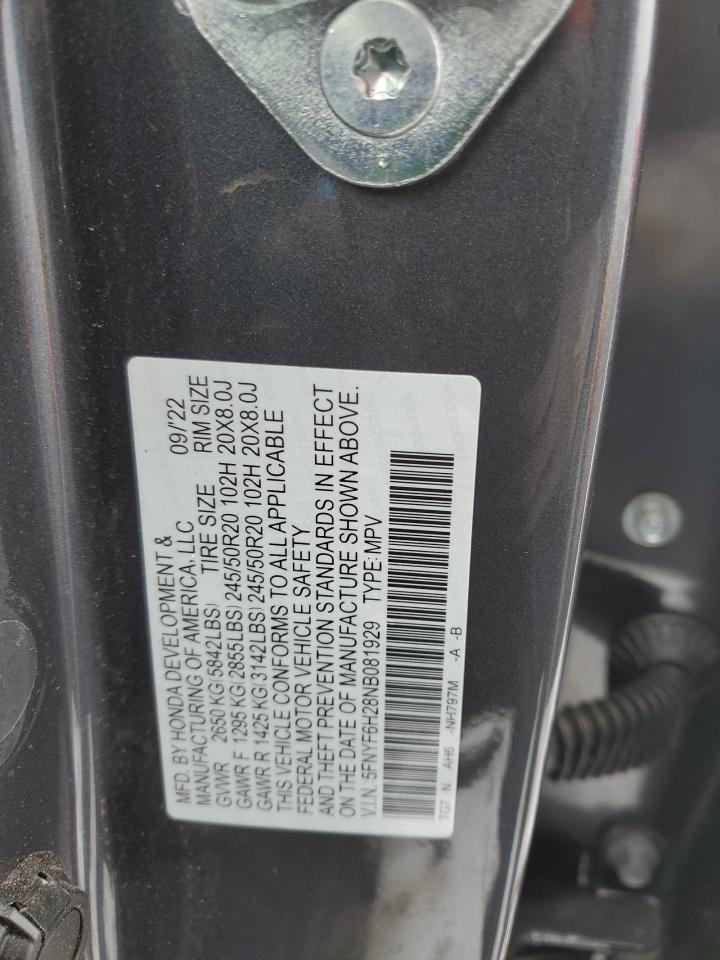 2022 HONDA PILOT SE VIN:5FNYF6H28NB081929