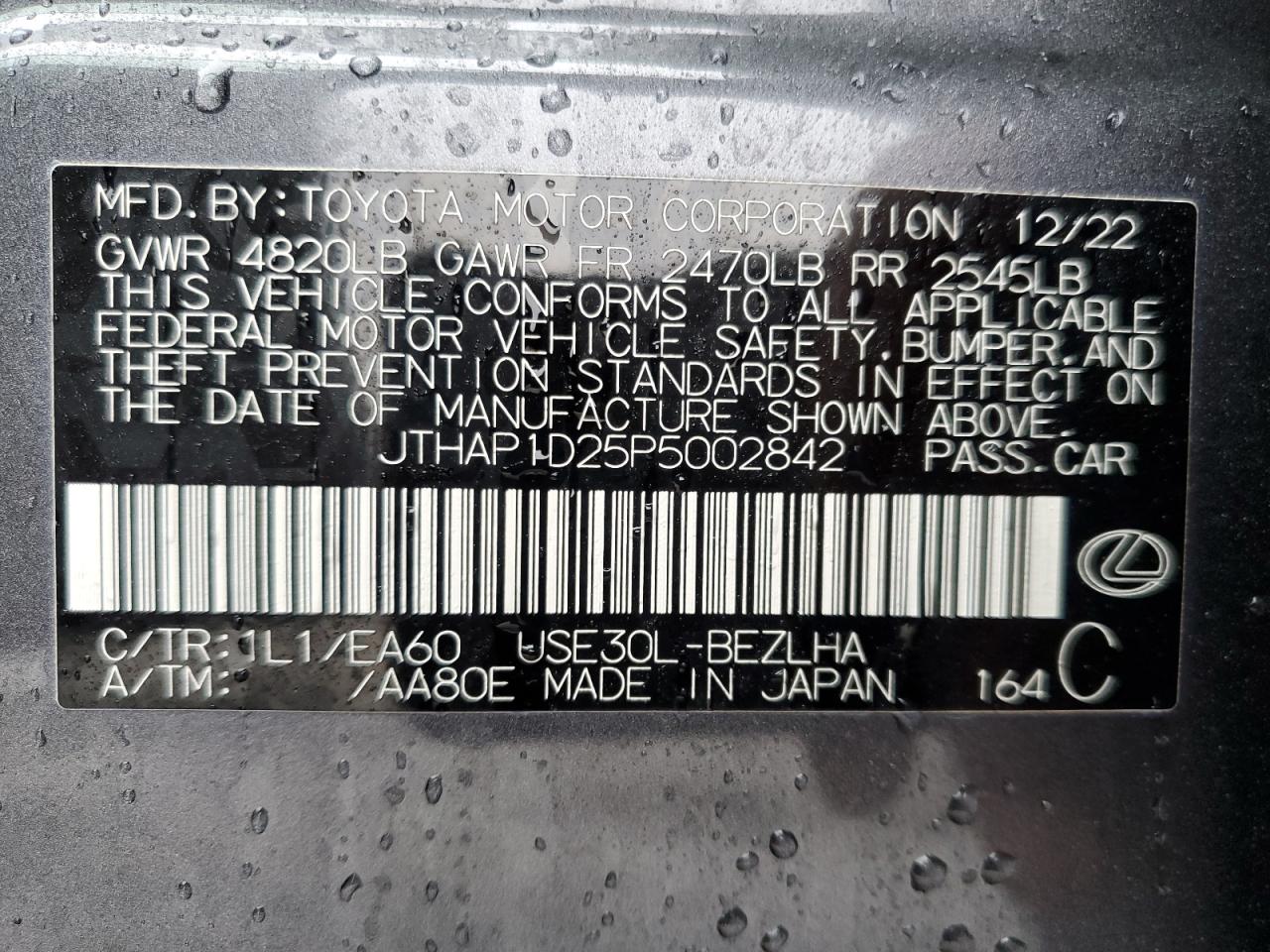 2023 LEXUS IS 500 F SPORT VIN:JTHAP1D25P5002842