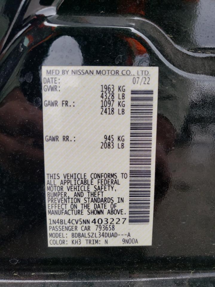 2022 NISSAN ALTIMA SR VIN:1N4BL4CV5NN403227