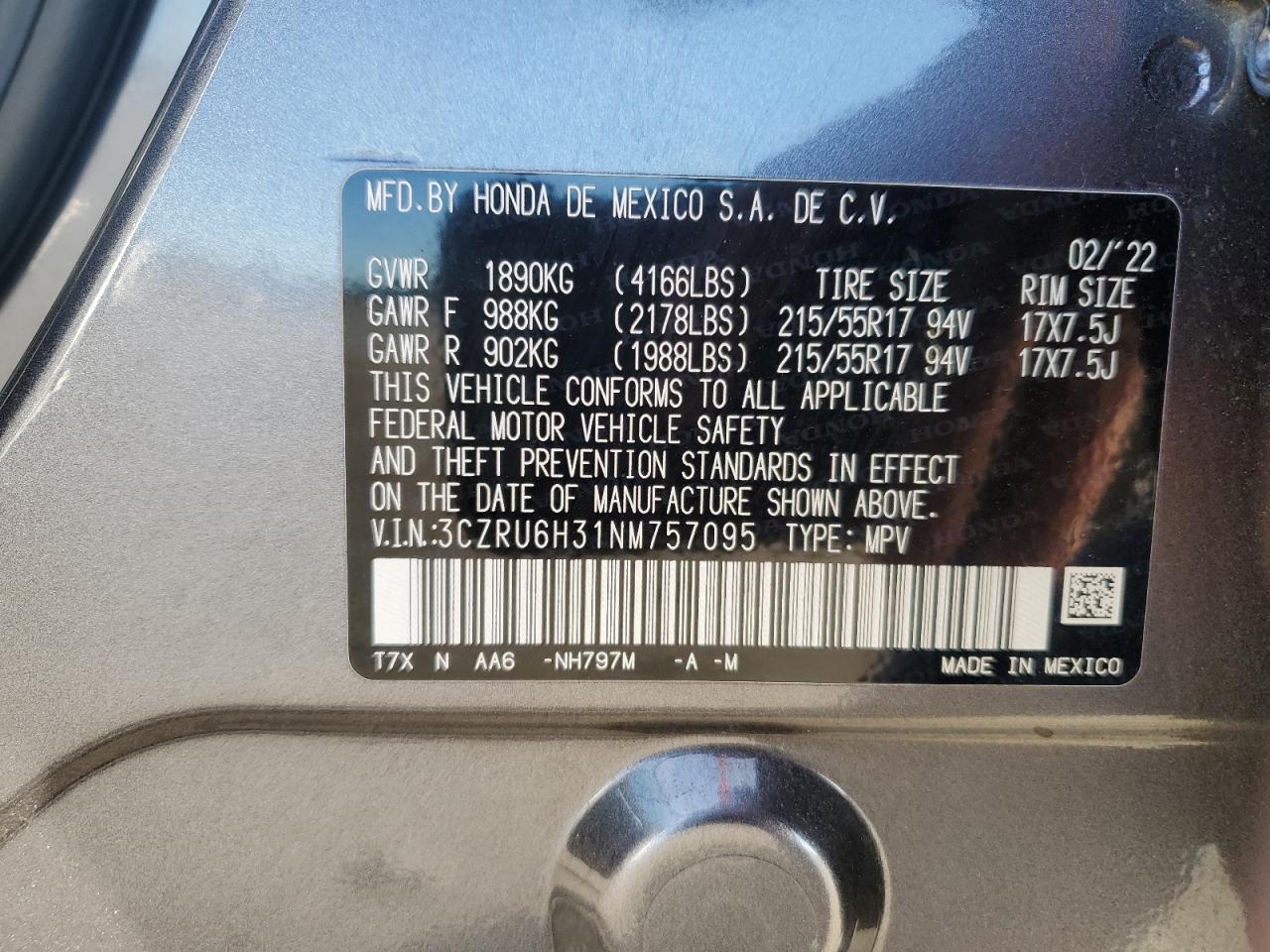 2022 HONDA HR-V LX VIN:3CZRU6H31NM757095