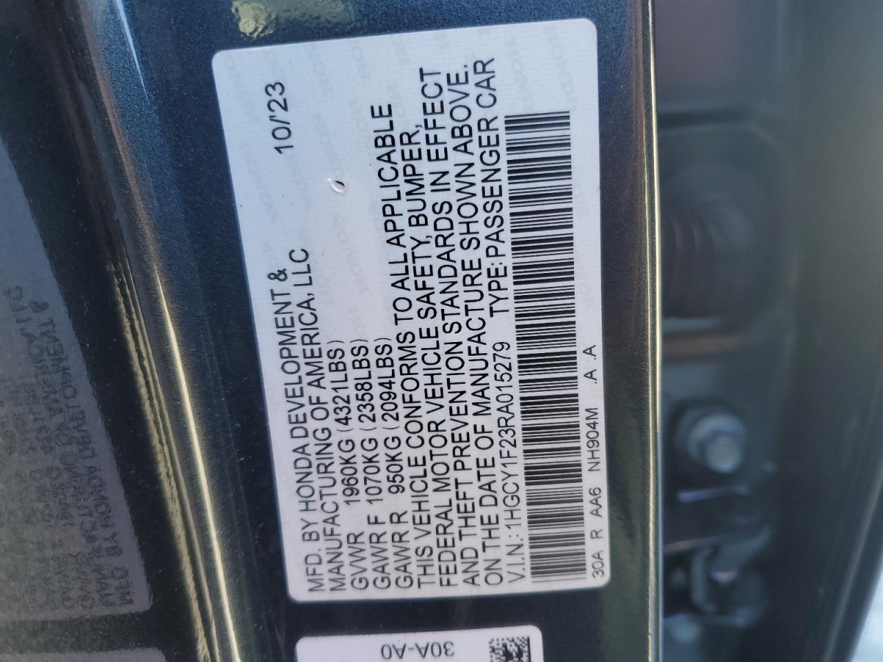 2024 HONDA ACCORD LX VIN:1HGCY1F23RA015279