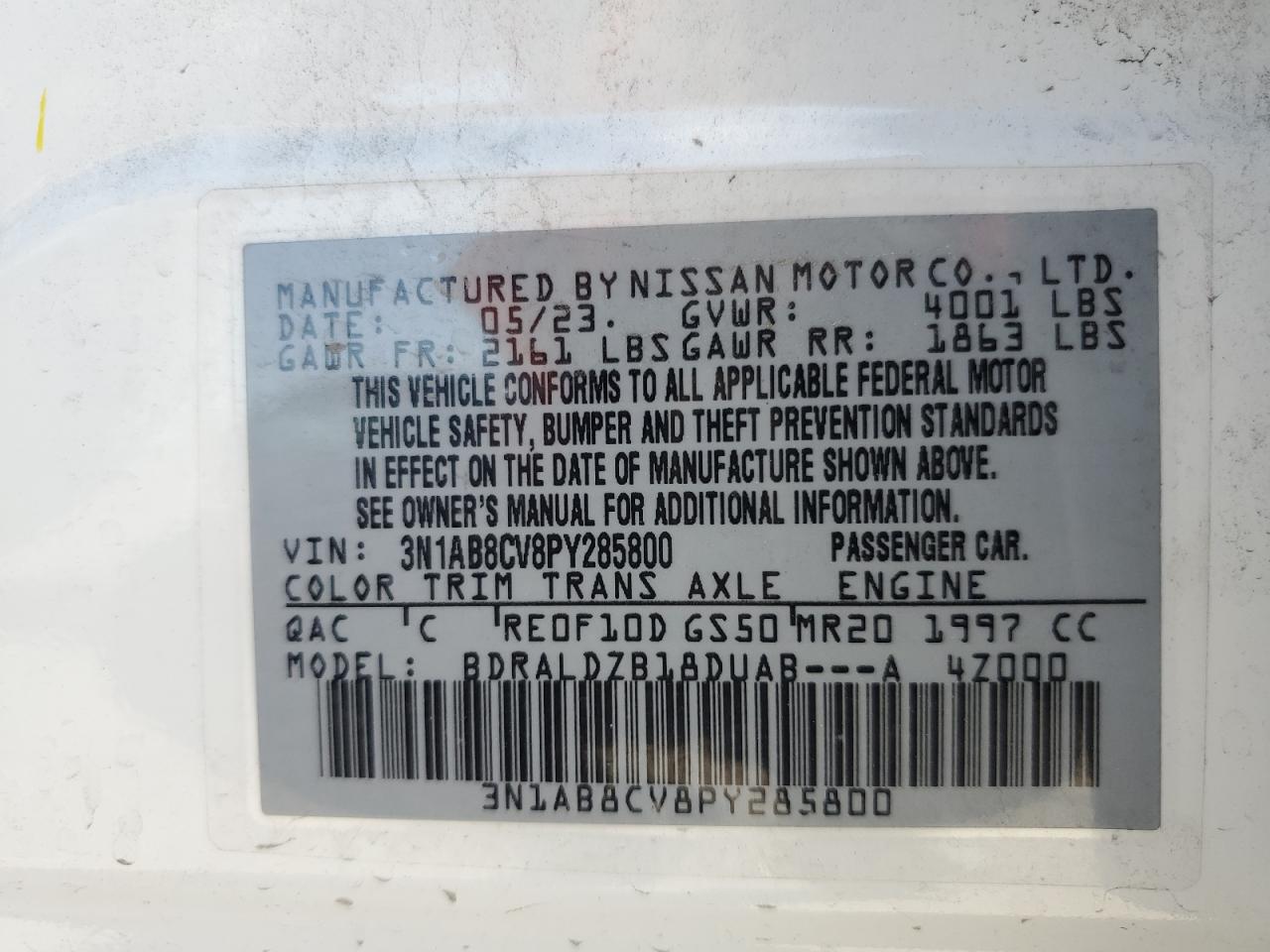 2023 NISSAN SENTRA SV VIN:3N1AB8CV8PY285800