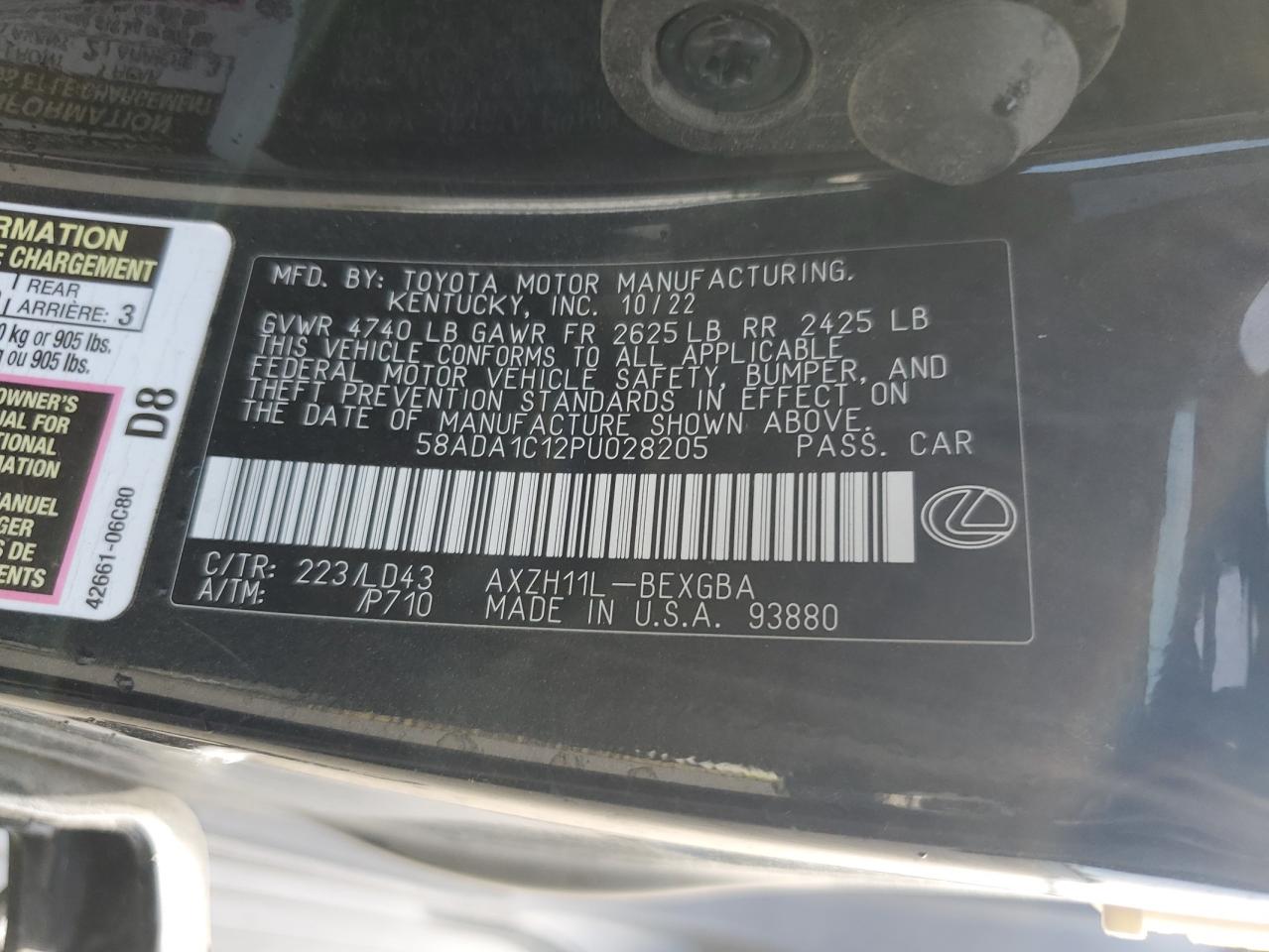 2023 LEXUS ES 300H BASE VIN:58ADA1C12PU028205