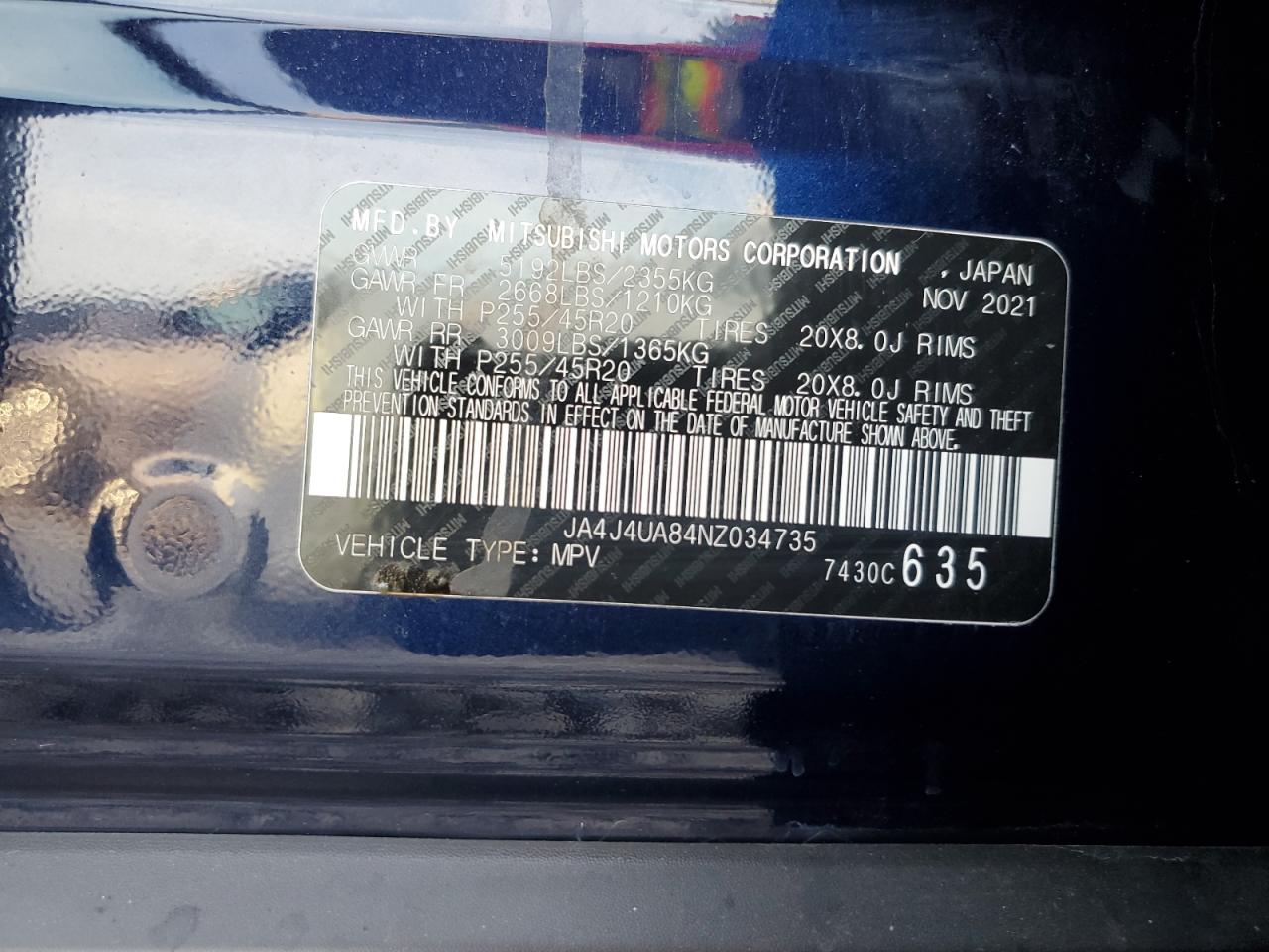 2022 MITSUBISHI OUTLANDER SE VIN:JA4J4UA84NZ034735