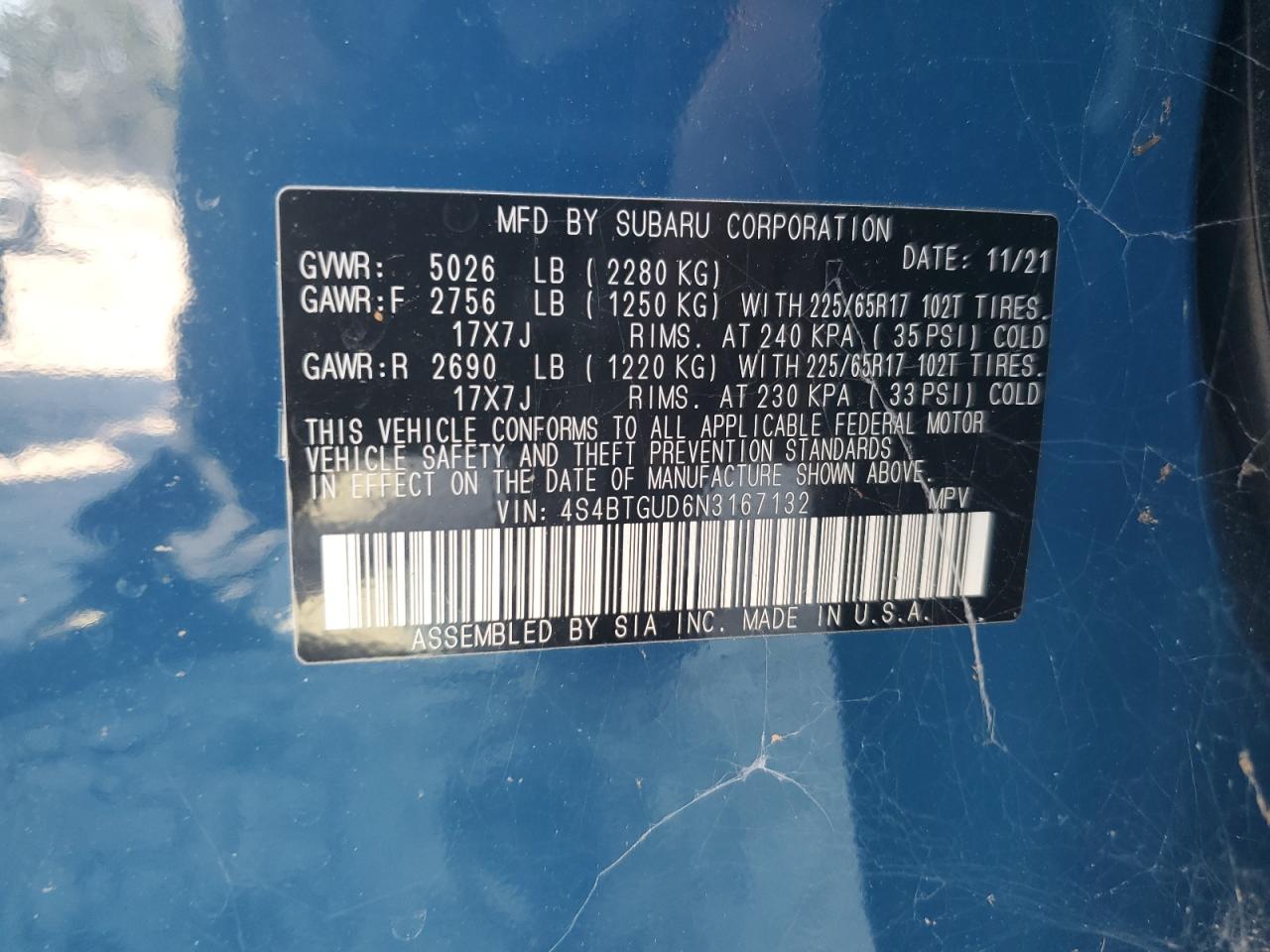 2022 SUBARU OUTBACK WILDERNESS VIN:4S4BTGUD6N3167132