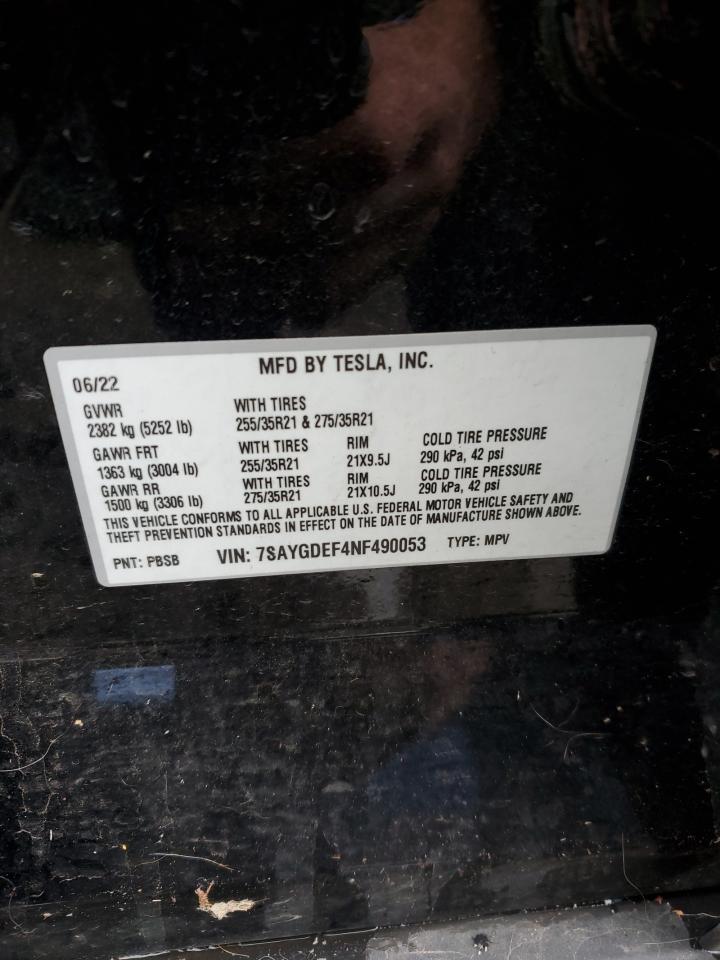2022 TESLA MODEL Y VIN:7SAYGDEF4NF490053