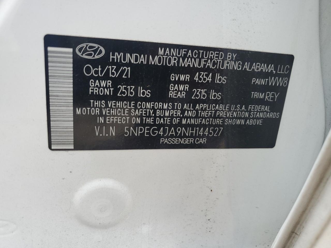 2022 HYUNDAI SONATA SE VIN:5NPEG4JA9NH144527