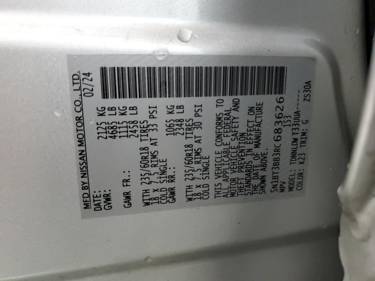 2024 NISSAN ROGUE SV VIN:5N1BT3BB3RC683626